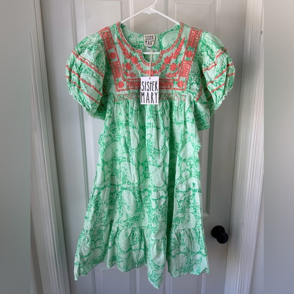 NWT Sister Mary Midi Dress Green Paisley Embroidered Tiered XS Boho